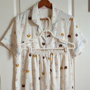 Bear Print Pajama Set - White with Yellow & Brown Accents. Size S/M